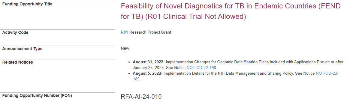 NIH: Feasibility of Novel Diagnostics for TB in Endemic Countries (FEND for TB) (R01 Clinical Trial Not Allowed)