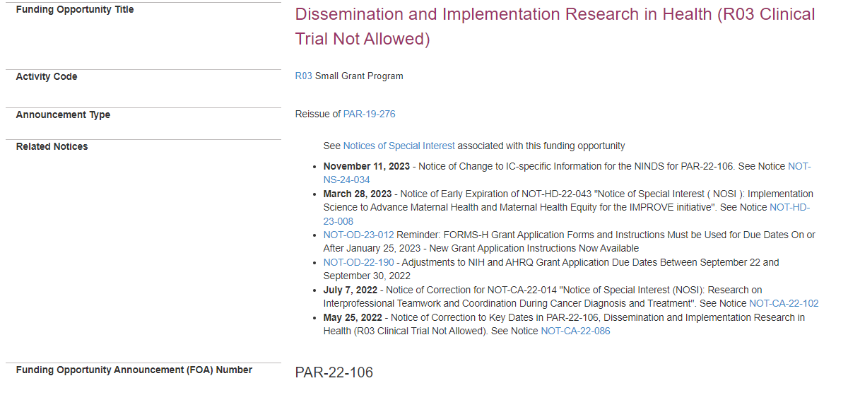 NIH: Dissemination and Implementation Research in Health (R03 Clinical Trial Not Allowed)