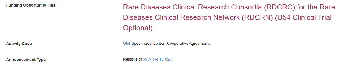 NIH: Rare Diseases Clinical Research Consortia (RDCRC) for the Rare Diseases Clinical Research Network (RDCRN) (U54 Clinical Trial Optional)