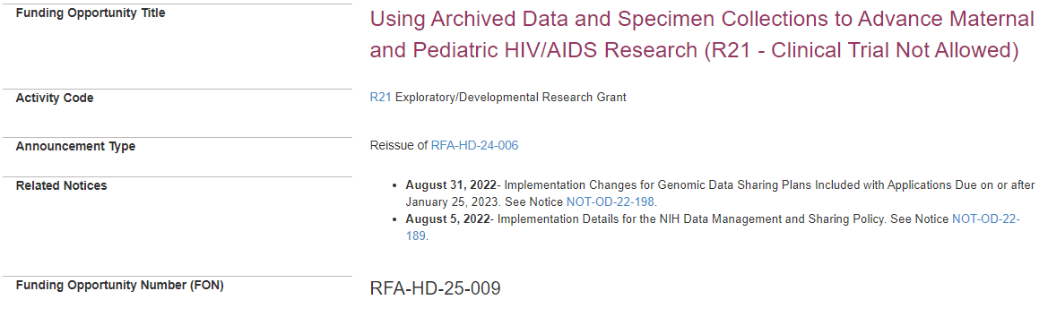 NIH: Using Archived Data and Specimen Collections to Advance Maternal and Pediatric HIV/AIDS Research