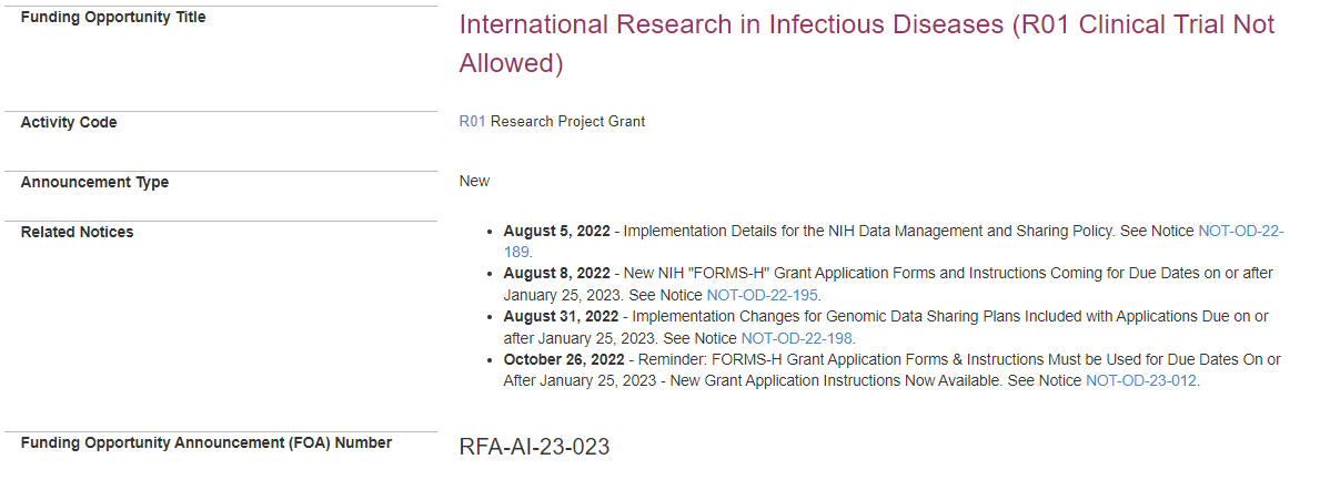 International Research in Infectious Diseases (R01 Clinical Trial Not Allowed)